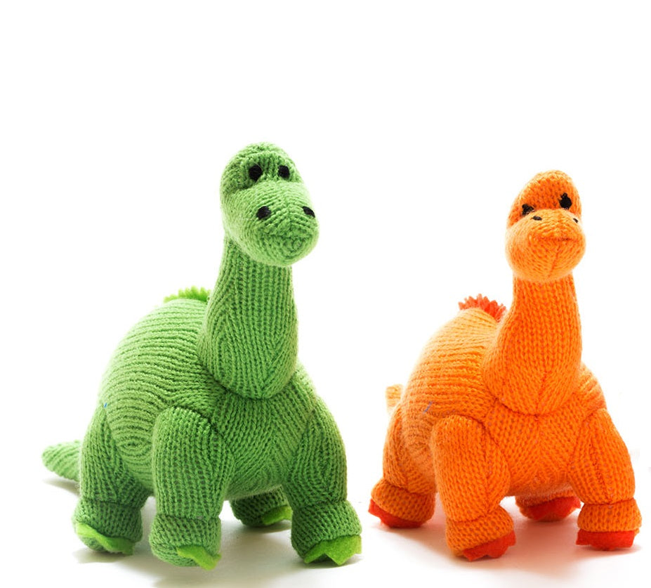 Diplodocus Dinosaur Baby Rattle Knitted Organic Cotton - Small - Orange