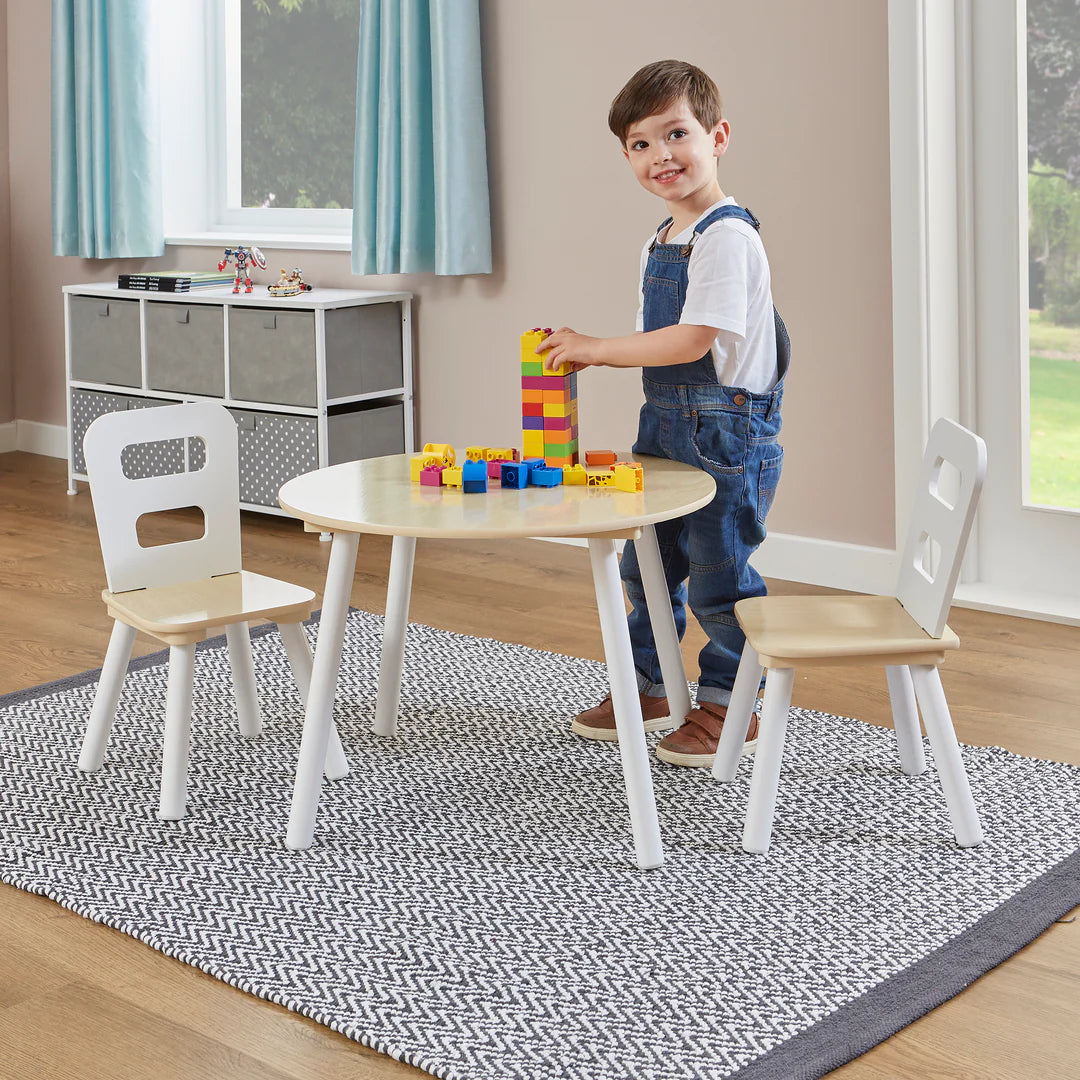 Round Table & 2 Chair Set - Natural & White