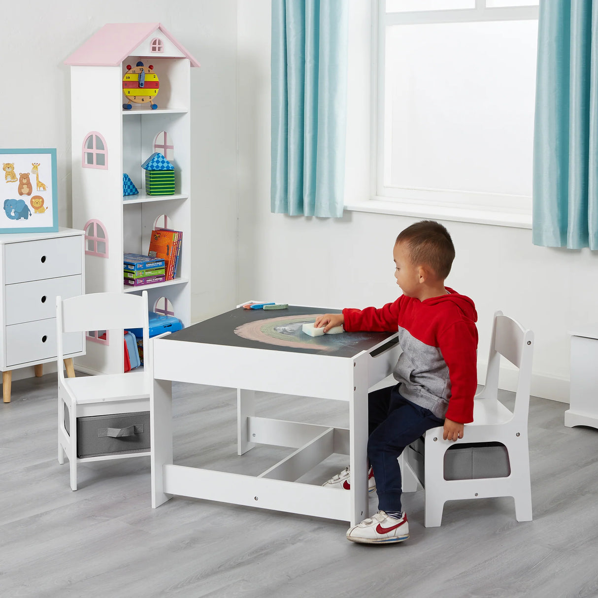 White Table and 2 Storage Chairs - Grey Bins
