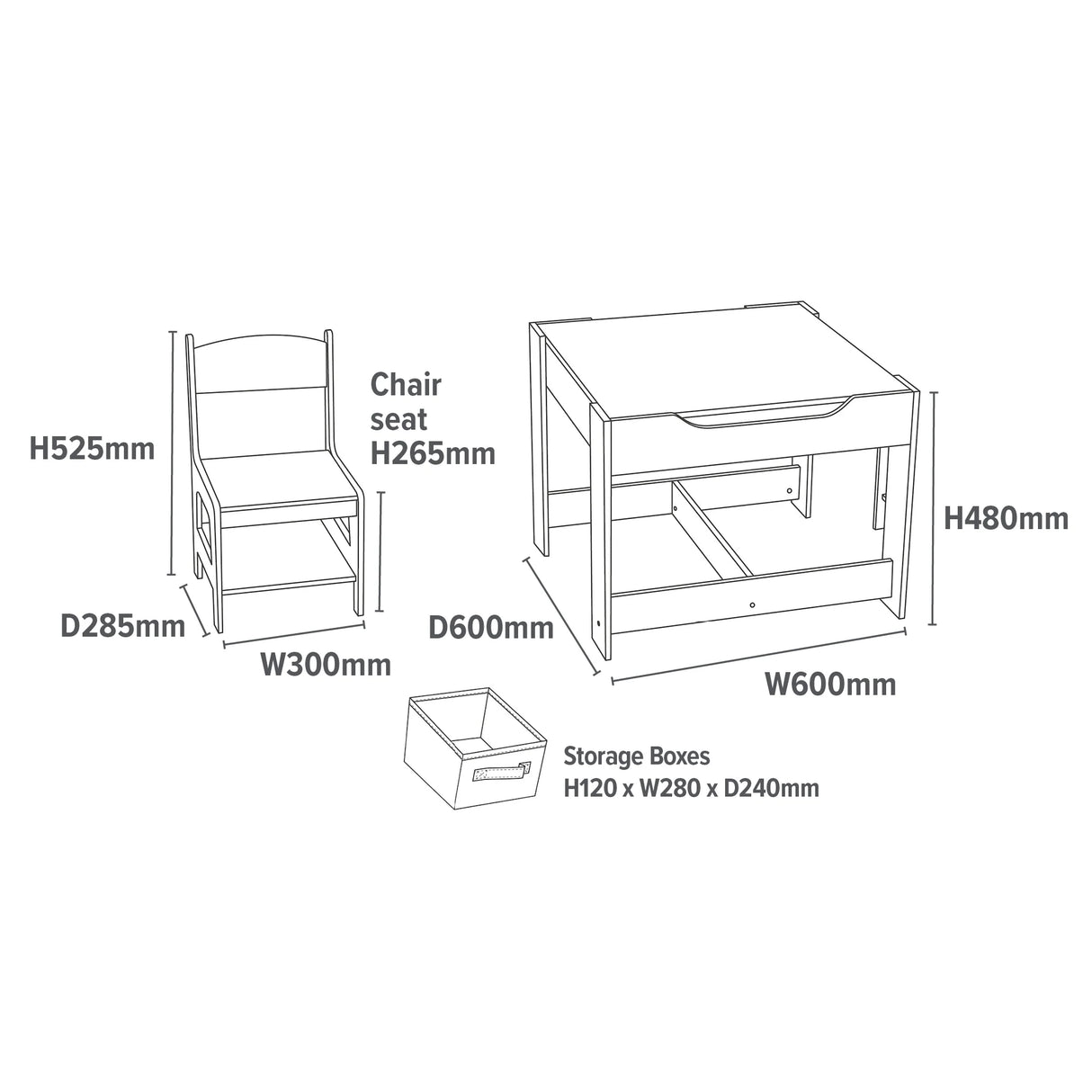 White Table and 2 Storage Chairs - Grey Bins