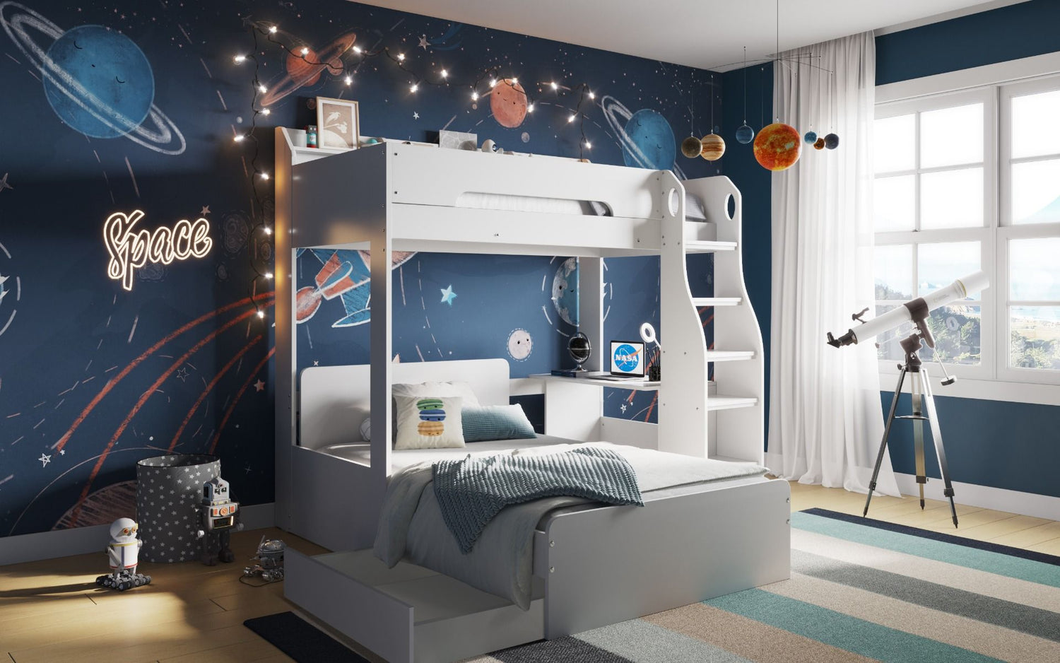 Cosmic L Shaped Triple Bunk Bed - White