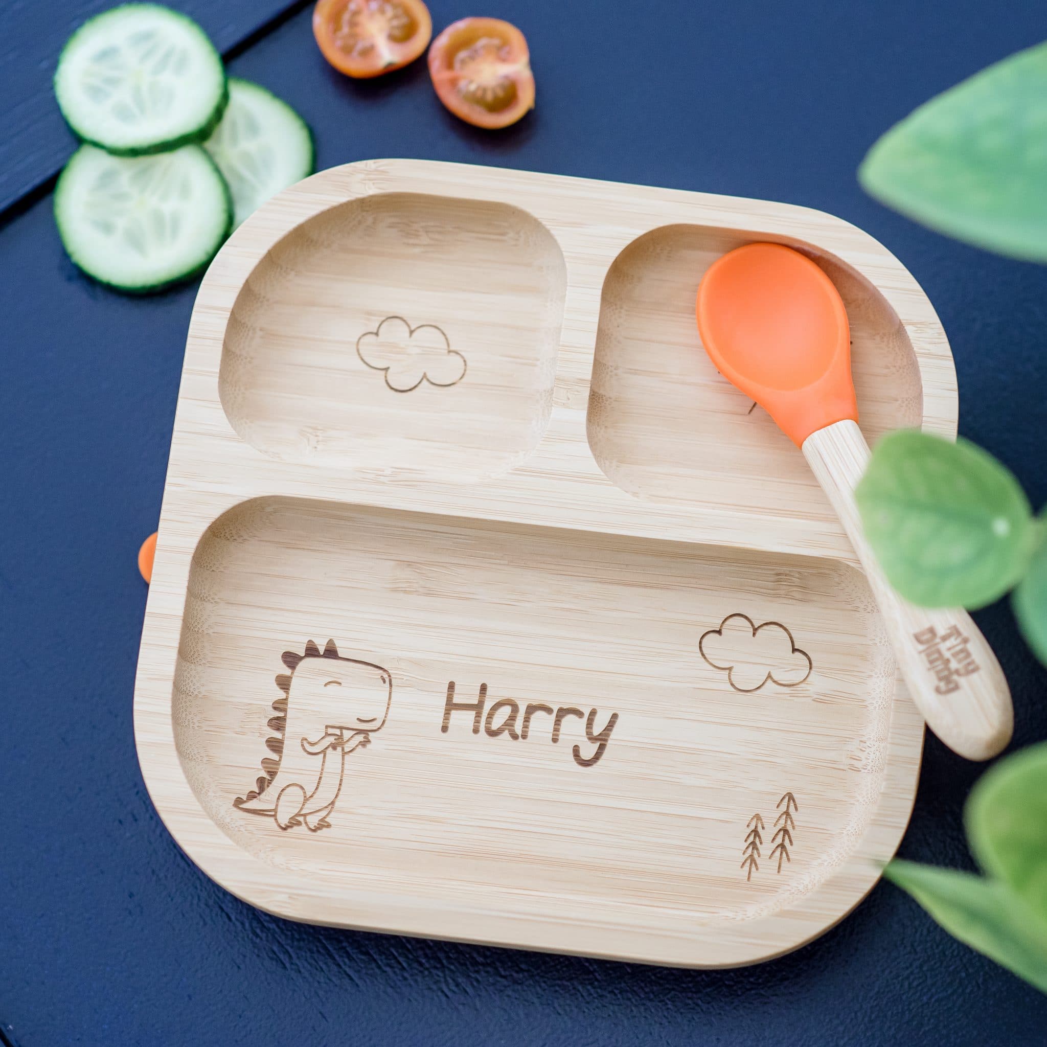 Personalised - Dinosaur Bamboo Suction Plate & Spoon - Signature Gifts - Junior Bambinos