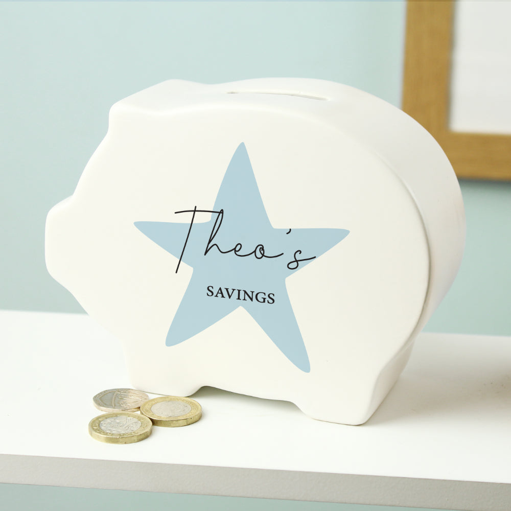Blue Star Piggy Bank - Personalised
