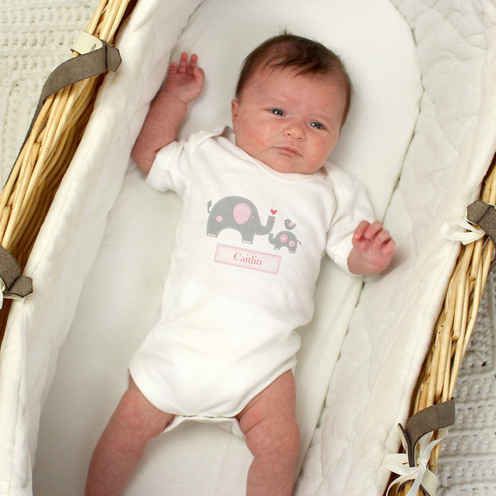 Elephant Baby Vest - Pink - Personalised | 0-3 Months
