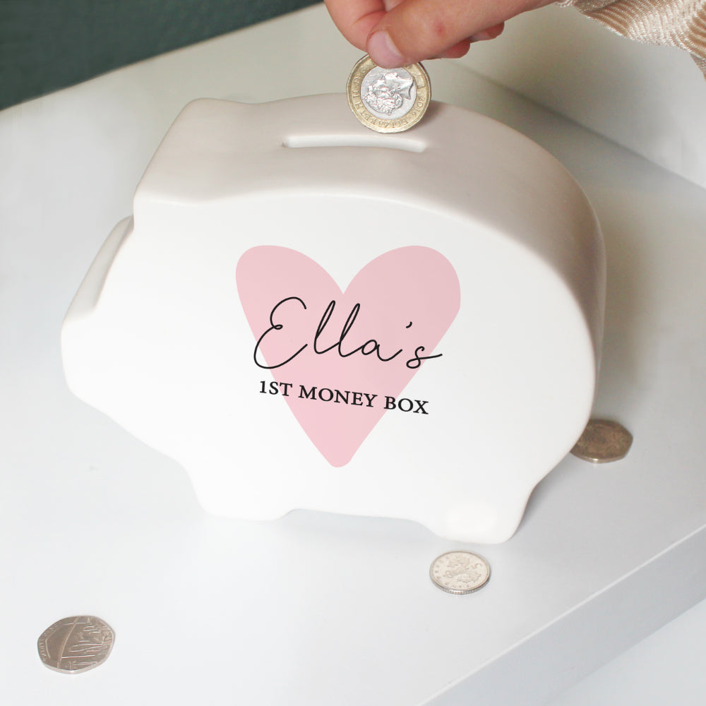 Pink Heart Piggy Bank - Personalised