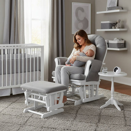 Johnston's Brompton Deluxe Baby Nursing Glider & Footstool – Suedette Comfort with Smooth Glide, White / Grey
