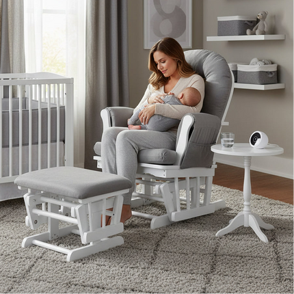 Johnston's Brompton Deluxe Baby Nursing Glider & Footstool – Suedette Comfort with Smooth Glide, White / Grey
