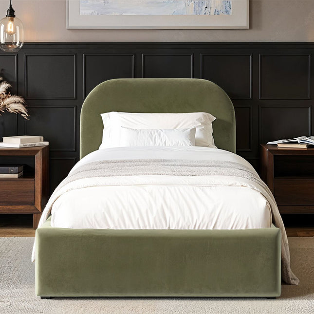Alba Single Ottoman Bed - Khaki Green Velvet
