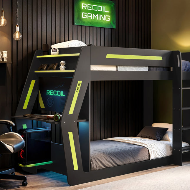 Alister Gaming Bunk Bed with Desk - Charcoal & Green