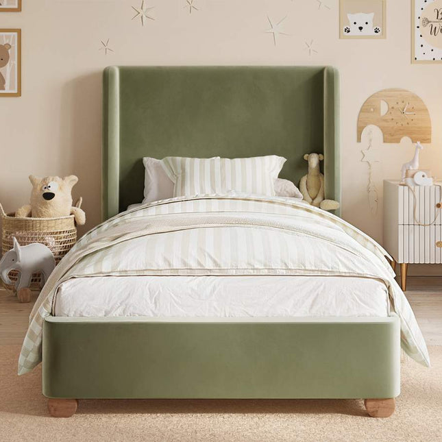 Alma Single Winged Headboard Bed Olive Green Velvet