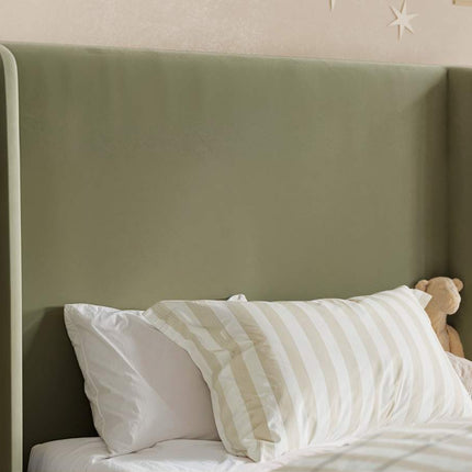 Alma Single Winged Headboard Bed Olive Green Velvet