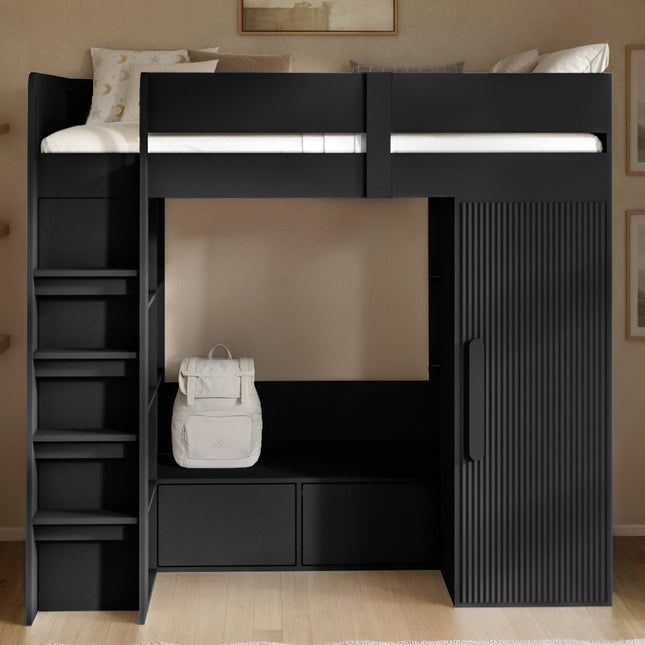 Aspen Ribbed High Sleeper with Storage & Wardrobe Black