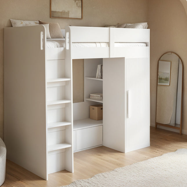 Aspen Ribbed High Sleeper with Storage & Wardrobe White