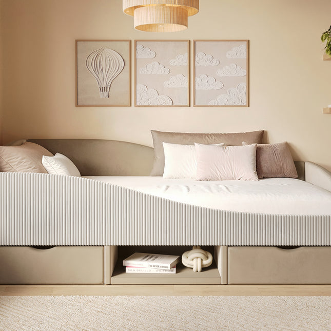 Aubrey Beige Velvet Storage Low Sleeper Bed with Beige Cord