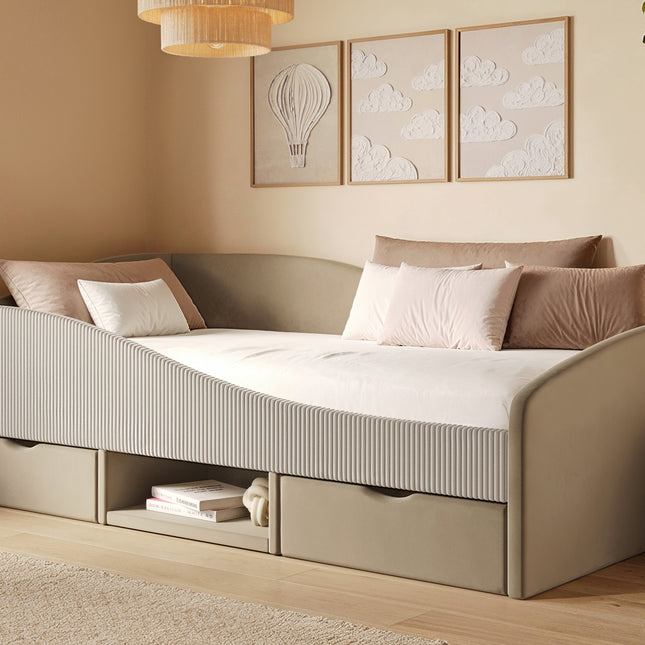 Aubrey Beige Velvet Storage Low Sleeper Bed with Beige Cord