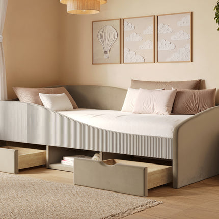 Aubrey Beige Velvet Storage Low Sleeper Bed with Beige Cord