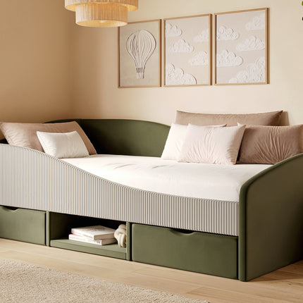 Aubrey Olive Green Velvet Storage Low Sleeper Bed with Beige Cord
