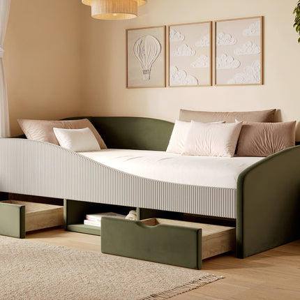 Aubrey Olive Green Velvet Storage Low Sleeper Bed with Beige Cord