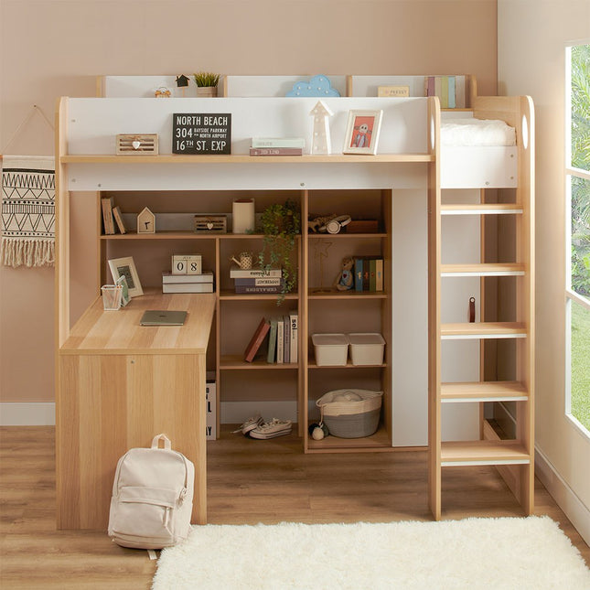 Ava High Sleeper with Desk & Storage Oak & White