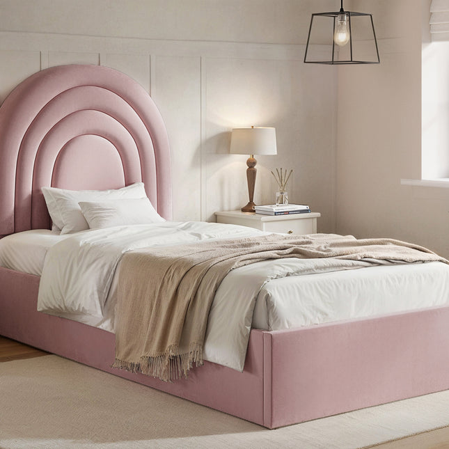 Ava Single Ottoman Bed Pink Velvet