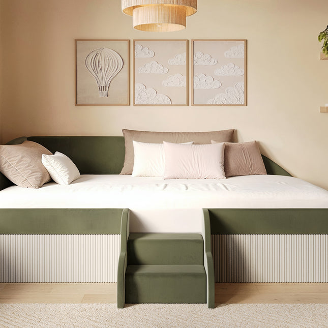 Aviana Olive Green Velvet Low Sleeper Bed with Beige Cord