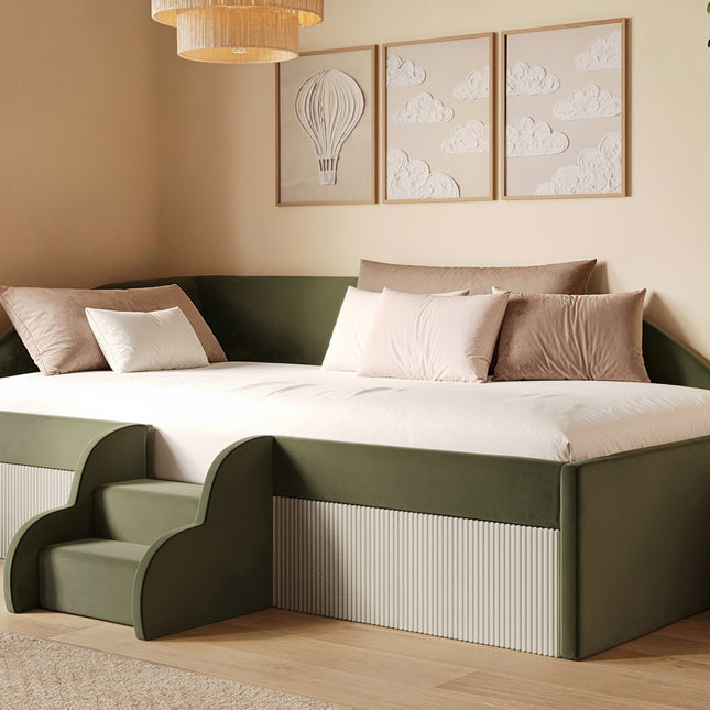 Aviana Olive Green Velvet Low Sleeper Bed with Beige Cord