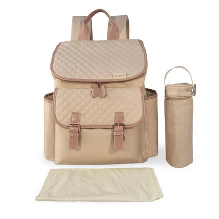 Pink blush changing backpack with insulated bottle holder and changing mat on display.