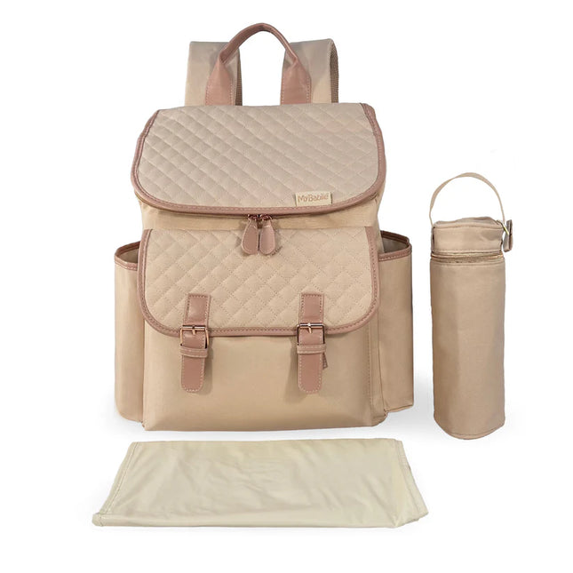 Pink blush changing backpack with insulated bottle holder and changing mat on display.