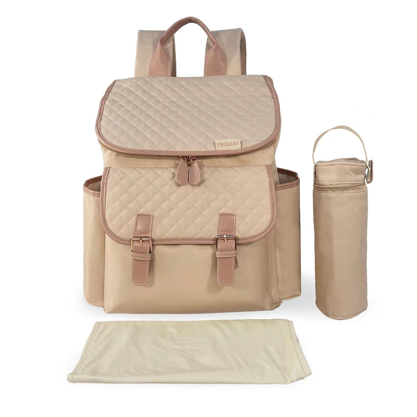 Pink blush changing backpack with insulated bottle holder and changing mat on display.
