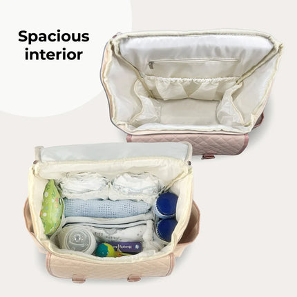 2 Internal images of the blush changing bag. One image shows the bag empty with the interior pockets on show. The 2nd image shows it with bottles, wipes, nappies, blanket and baby toys in it.