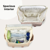 2 images. One shows an empty changing bag with several pockets and one image shows the bag filled with different baby products.