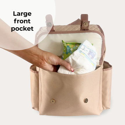 Oatmeal changing bag with the front pocket open showing the size to fit nappy wipes and nappies.