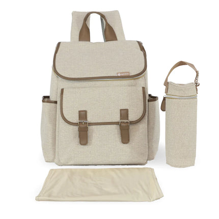 Oatmeal backpack in a herringbone design matching bottle holder and changing mat.