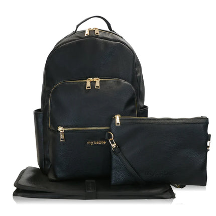 Changing Backpack in Black with gold zip detailing including Clutch Bag and Changing Mat.