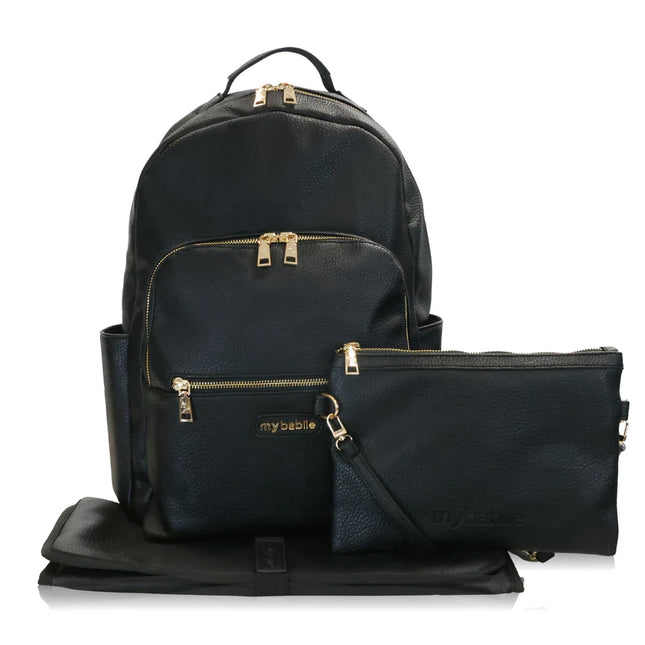 Changing Backpack in Black with gold zip detailing including Clutch Bag and Changing Mat.