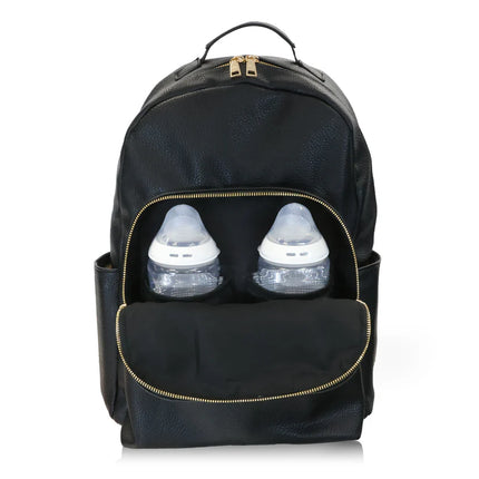 Changing Backpack with Front Pocket open displaying the 2 elasticated pockets for baby bottles.