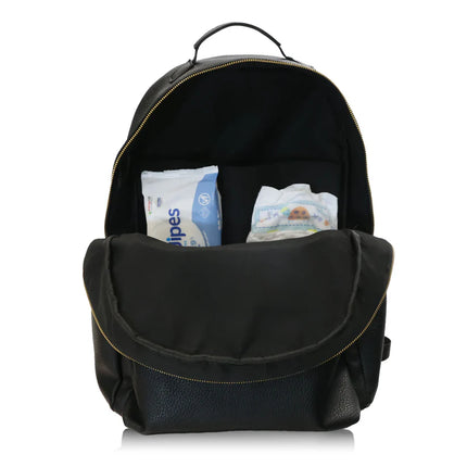 Open front view of changing backpack showing storage area for nappy wipes and nappies.