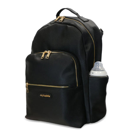 Changing Backpack showing baby's bottle in easily accessed side pocket.