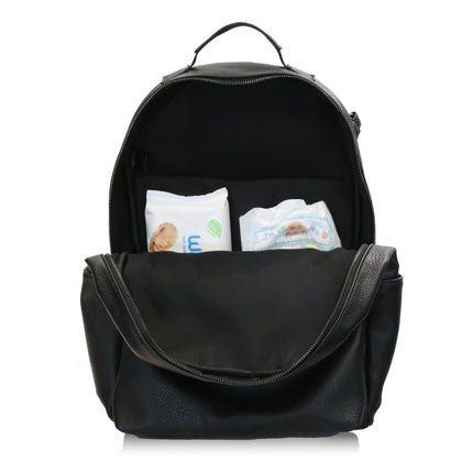 Black backpack with baby wipes and a nappy inside.
