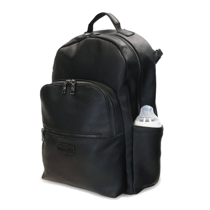 Black changing backpack showcasing the side bottle holders with a baby bottle inside.
