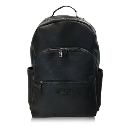 Black changing backpack with multiple pockets and a visible brand logo and a top grab handle.