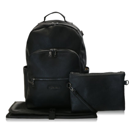 Black leather look changing bag with additional clutch bag.