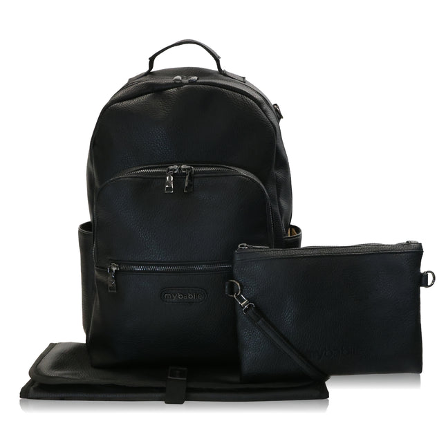Black leather look changing bag with additional clutch bag.