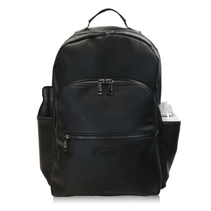 Black changing backpack with multiple pockets and zippers on a white background
