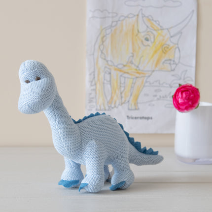 Diplodocus Dinosaur Baby Rattle Knitted Organic Cotton - Pastel Blue