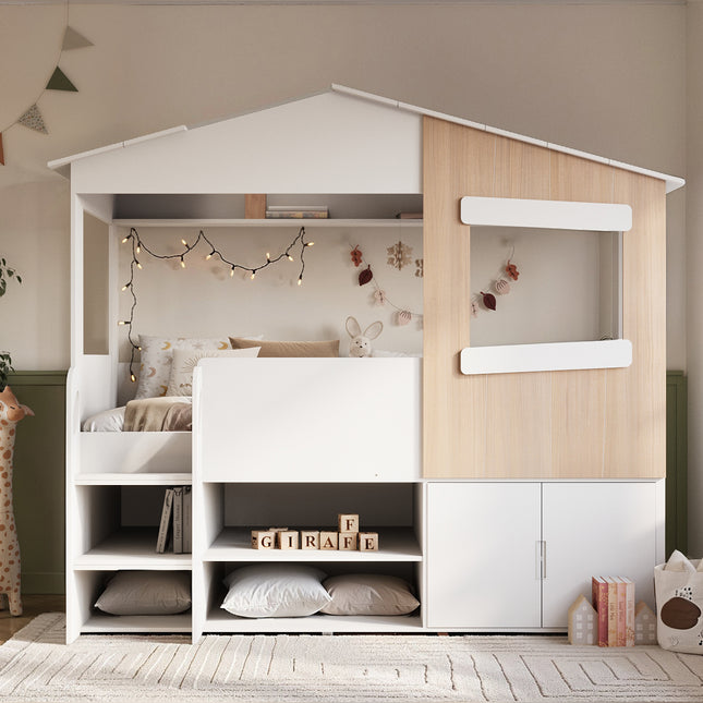 Dreamland House Bed with Storage White & Oak