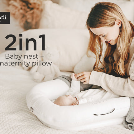 Noordi 2in1 Deluxe Baby Nest & Maternity Pillow with Silver-Ion Cotton, White
