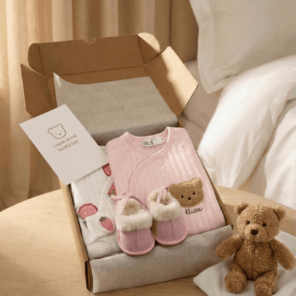 The Cozy Pink Boucle Baby Bear & Strawberry Personalised Gift Box