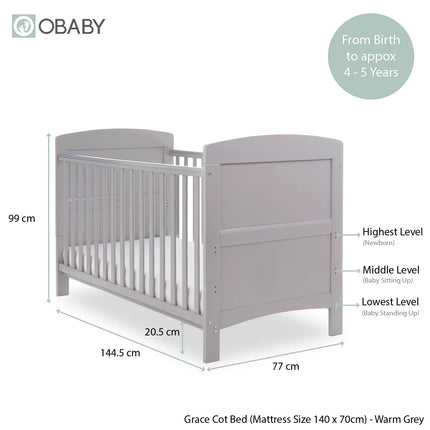 Grace Cot Bed + Under Drawer + Eco-Plus Mattress - Warm Grey