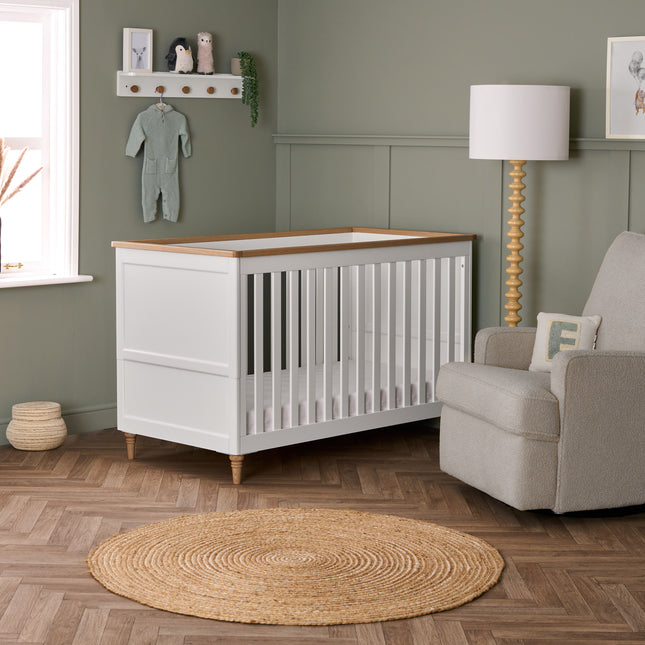 Orla Cot Bed - White with Oak Trim & Feet